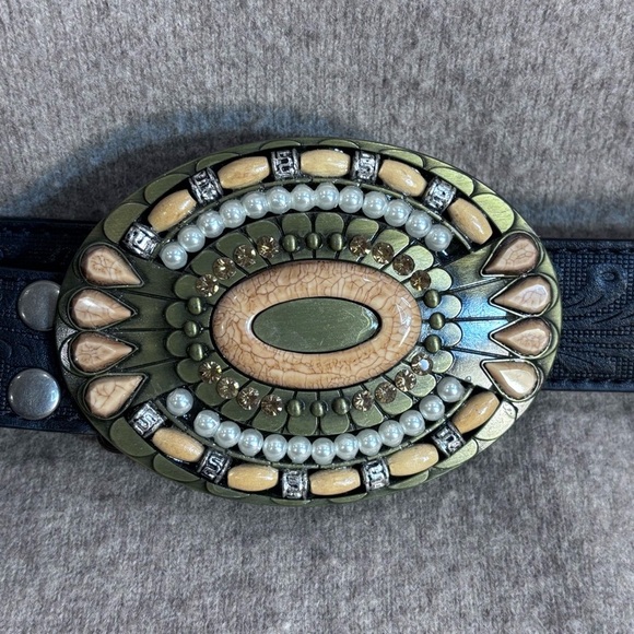 BC BELT Sz XL Black Belt Ornate Beaded Buckle 3” x 4” Tooled Part 47” x 1.25” - Picture 2 of 7